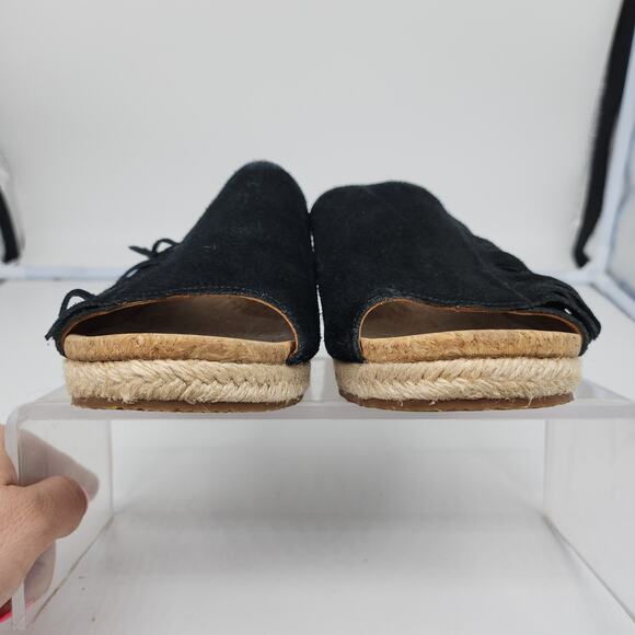 Ugg Sandals 8 Black Suede Leather Fringe Boho Peep Toe Wedges Mules Espadrille - Picture 6 of 14